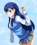  1girl blue_eyes blue_hair blue_vest blush c-wing cowboy_shot grey_shirt grey_skirt hair_bun hair_ornament highres hugtto!_precure l&#039;avenir_academy_uniform leaning_forward long_hair long_sleeves miniskirt necktie open_mouth pleated_skirt precure red_neckwear school_uniform shirt skirt solo standing very_long_hair vest yakushiji_saaya 