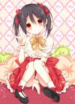 \m/ between_legs black_hair bow dress hair_bow love_live! love_live!_school_idol_project nami7711 red_eyes sitting smile socks solo twintails yazawa_nico 