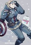  2boys captain_america fur_trim goggles goggles_on_head jo_(artist) marvel multiple_boys shield snowing snowman steve_rogers tony_stark winter_clothes 
