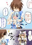  &gt;_&lt; 1boy 2girls 2koma :d :t ;o anger_vein apron aura belt blue_bow blush bow cirno closed_eyes comic commentary_request dark_aura dress flask_(pandora) hair_bow hat hat_bow head_hug hug hug_from_behind ice ice_wings jealous kirisame_marisa multiple_girls nose_blush one_eye_closed open_mouth original petting pout puffy_short_sleeves puffy_sleeves short_sleeves smile sweat touhou translated v-shaped_eyebrows waist_apron white_bow wings witch_hat 