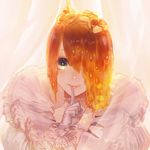  bad_id bad_pixiv_id black_eyes butter choker closed_mouth curtains dappled_sunlight dripping eyelashes finger_to_mouth food food_on_head frills gloves hair_over_one_eye honey index_finger_raised lace lace-trimmed_gloves lace_trim liquid_hair looking_at_viewer object_on_head one_eye_covered orange_hair original portrait pouring red_lips reniirean short_hair shushing smile solo sunlight syrup white_gloves 