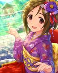  alternate_costume artist_request brown_eyes brown_hair doumyouji_karin floral_print flower hair_flower hair_ornament idolmaster idolmaster_cinderella_girls japanese_clothes kimono nail_polish official_art pointing reflection short_hair smile solo tree water 