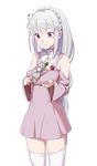  bad_id bad_pixiv_id cat collar detached_sleeves dress elf emilia_(re:zero) hair_ornament highres long_hair needle_(needlebomb) pointy_ears puck_(re:zero) purple_dress purple_eyes re:zero_kara_hajimeru_isekai_seikatsu silver_hair simple_background smile solo thighhighs white_background white_legwear 