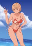  1girl alice_garnet_nakata bikini blonde_hair blue_sky blush breasts cleavage cloud collarbone day eyebrows_visible_through_hair front-tie_bikini front-tie_top green_eyes hand_on_hip index_finger_raised large_breasts looking_at_viewer navel outdoors popo_agaga red_bikini red_ribbon ribbon short_hair side-tie_bikini sky smile solo standing swimsuit the_king_of_fighters wet 