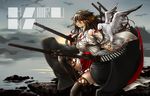  :o bird boots character_name detached_sleeves english fuu_taro hair_between_eyes hairband haruna_(kantai_collection) headgear highres japanese_clothes kantai_collection long_hair machinery miniskirt nontraditional_miko parted_lips pleated_skirt ribbon-trimmed_sleeves ribbon_trim seagull sitting skirt solo thigh_boots thighhighs turret wide_sleeves wind yellow_eyes 