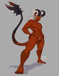  abs anthro clitoris cuntboy demon grey_background growlybeast hair horn intersex looking_at_viewer navel nipples pussy simple_background smile solo white_hair 