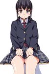  black_hair blazer blush eyebrows_visible_through_hair highres jacket long_hair long_sleeves looking_at_viewer matsunaga_kouyou necktie original plaid plaid_skirt pleated_skirt school_uniform simple_background sitting skirt solo thighs twintails white_background 