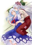  breasts collared_shirt couple dress fujiwara_no_mokou hair_kiss hug hug_from_behind kamishirasawa_keine kiss large_breasts long_dress long_hair lying multiple_girls no_hat no_headwear on_floor on_side pants pillow shirt sleeping socks spooning suspenders touhou unya very_long_hair yuri 