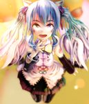  3d absurdres animal_ears bow detached_sleeves foreshortening hand_on_own_chin hatsune_miku highres jumping long_hair looking_at_viewer mikumikudance multicolored multicolored_eyes multicolored_hair necktie open_mouth pocky-poison skirt solo twintails very_long_hair vocaloid 