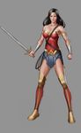  armband armor black_hair blue_eyes dc_comics diana_prince female forehead_protector full_body grey_background lasso pteruges simple_background solo standing sword vambraces wonder_woman wonder_woman_(series) 