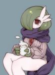  2016 beverage blush bottomless breasts clothed clothing cute female food gardevoir green_hair hair kemono looking_down nintendo pok&eacute;mon red_eyes scarf simple_background sitting solo sweater tenyati thick_thighs video_games 