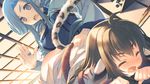  amazuyu_tatsuki anju_(utawarerumono) ass bent_over blue_eyes blue_hair blush braid brown_hair cat_tail closed_eyes game_cg jewelry long_hair long_sleeves multiple_girls munechika nose_blush official_art open_mouth ring spanking tail tears utawareru_mono utawareru_mono:_itsuwari_no_kamen 