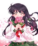  absurdres bangs black_hair blouse blurry blush brown_eyes covered_mouth eyelashes floating_hair flower gradient gradient_background green_skirt hair_between_eyes highres higurashi_kagome holding holding_flower inuko_(nozomi1118) inuyasha kerchief light_particles long_hair looking_at_viewer orange_eyes own_hands_together petals pink_flower pink_rose pleated_skirt rose school_uniform serafuku skirt solo upper_body white_background white_blouse wind 
