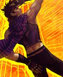  blue_eyes brown_hair dutch_angle fingerless_gloves from_behind gloves hand_in_hair hand_on_own_ass jojo_no_kimyou_na_bouken joseph_joestar_(young) levianee looking_back male_focus muscle purple_scarf scarf smile solo striped striped_scarf 
