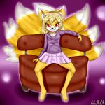  2016 absurd_res anibaruthecat anthro barefoot blonde_hair canine clothed clothing female fox grin hair hi_res humanoid_feet inner_ear_fluff long_hair looking_at_viewer mammal multi_tail plantigrade red_eyes sitting skirt solo 