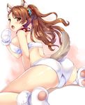  absurdres animal_ears ass beatrix_(granblue_fantasy) breasts brown_hair cameltoe collar dog_ears dog_tail eyes_visible_through_hair from_behind gloves granblue_fantasy hair_ornament highres hinata_sora large_breasts long_hair looking_at_viewer open_mouth paw_gloves paw_shoes paws ponytail shoes sitting solo spiked_collar spikes spread_legs tail wariza 