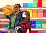  1girl black_gloves black_hair box brown_hair captain_america_civil_war casual dark_skin dark_skinned_male eye_contact facial_hair fingerless_gloves gloves jacket kyosuke looking_at_another marvel sam_wilson shelf shopping_cart sunglasses wanda_maximoff 