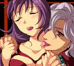  1girl belial_(wild_arms) blush breasts closed_eyes collarbone dress earrings enoo face fang holding_hands jewelry large_breasts long_hair lowres oekaki open_mouth purple_hair red_eyes ring tongue tongue_out wild_arms wild_arms_4 wild_arms_xf 