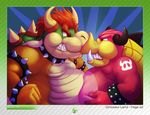  2016 4_fingers abstract_background absurd_res angry anthro blue_background border collar duo english_text eye_contact hair hand_on_stomach hi_res horn male mammal mario_and_luigi_(series) mario_bros midbus nintendo orange_scales overweight pig pink_body porcine red_eyes red_hair scales scalie sharp_teeth simple_background spiked_bracelet spiked_collar standing teeth text the-b3ing video_games 
