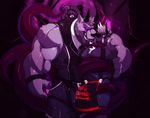  2016 abs anthro arm_grab balls bdsm behemoth biceps big_balls big_muscles bondage bound canine clothing cursedmarked dark demon digital_media_(artwork) duo fumdux fur glowing hair horn hyper looking_at_viewer male male/male mammal monster muscular muscular_male nipples open_mouth pecs smile teeth tentacles tongue tongue_out video_games waffle_(character) 