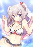  bad_id bad_twitter_id bikini blue_eyes blush breasts collaboration commentary_request highres kantai_collection kashima_(kantai_collection) large_breasts looking_at_viewer mafuyu_(chibi21) momoirone navel short_hair silver_hair solo swimsuit towel twintails 