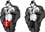  2016 abs anthro balls beard biceps big_muscles big_nipple big_penis bulge butch_(cursedmarked) canine clothing cursedmarked eyes_closed facial_hair fur hair humanoid_penis male mammal muscular muscular_male nipples nude pecs penis red_eyes smile solo tattoo teeth thong underwear video_games white_fur 