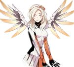  blonde_hair blue_eyes bodysuit breasts cross female halo long_hair mechanical_halo mechanical_wings mercy mercy_(overwatch) overwatch red_cross simple_background solo swiss_flag white_background wings 