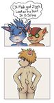  annoyed anthro baby_got_back backsack balls blush comic dialogue english_text eyewear goggles goggles_on_forehead grin group holding_butt kennen_(lol) league_of_legends looking_at_viewer looking_back male male/male mammal nude rumble speech_bubble stare text video_games yordle zaxstar ziggs 