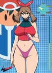  blue_eyes breasts brown_hair choker hair_ornament hair_ribbon hairband haruka_(pokemon) haruka_(pokemon)_(remake) highleg highleg_buruma highleg_panties hips large_breasts legs long_legs navel panties pokemon satoshi_(pokemon) shiny_cloths shiny_hair shiny_skin skin_tight sleeveless sleeveless_shirt spandex wslasher 