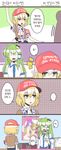  2girls 4koma :d ^_^ ^o^ bare_shoulders baseball_cap blonde_hair blue_skirt blush censored check_translation closed_eyes clothes_writing comic cowboy_shot detached_sleeves expressionless frog_hair_ornament from_behind fuente green_eyes green_hair hair_ornament hat highres hijiri_byakuren indoors jitome kochiya_sanae korean long_hair long_sleeves looking_at_another looking_at_viewer mizuhashi_parsee mosaic_censoring multiple_girls nontraditional_miko o_o open_eyes open_mouth pointy_ears pornography poster_(object) red_hat short_hair short_sleeves skirt smile snake_hair_ornament spoken_ellipsis touhou toyosatomimi_no_miko translation_request trembling upper_body vest white_vest wide_sleeves yuri 