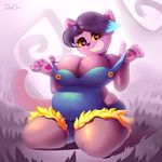  &lt;3 anthro big_breasts big_butt black_hair breasts butt camel_toe cat catty_(undertale) cleavage clothed clothing don_ko feline female fur grass hair huge_breasts kneeling mammal navel overweight pawpads purple_fur sharp_teeth slightly_chubby solo teeth undertale video_games wide_hips 