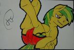  biting_lip bulge clothed clothing crossdressing equine fur girly green_hair hair hydro_flare male mammal panties red_eyes septic_lime traditional_media_(artwork) underwear yellow_fur 