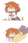  :d absurdres admiral_(kantai_collection) black_legwear blush brown_hair chibi closed_eyes commentary_request covering_with_blanket fang hair_ornament hairclip hanomido hat highres ikazuchi_(kantai_collection) kantai_collection long_sleeves open_mouth peaked_cap pleated_skirt school_uniform serafuku short_hair skirt sleeping smile teruterubouzu thighhighs under_covers zzz 