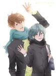  brothers brown_hair gakuran green_hair high_speed! kirishima_ikuya kirishima_natsuya male_focus multiple_boys red_eyes sasagu scarf waving 