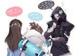  2girls beads black_jacket blue_gloves blush bodysuit brown_hair canister coat commentary covering_face d.va_(overwatch) embarrassed facepalm flower from_behind fur fur_collar fur_trim gloves hair_bun hair_flower hair_ornament hair_stick hand_on_own_face hand_to_head hand_up headphones hood hooded_jacket hyoon_(sockgyu) jacket long_hair long_sleeves looking_at_another mask mei_(overwatch) multiple_girls overwatch pilot_suit reaper_(overwatch) short_hair simple_background sparkle trench_coat upper_body white_background 