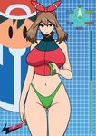  blue_eyes breasts brown_hair choker hair_ornament hair_ribbon hairband haruka_(pokemon) haruka_(pokemon)_(remake) highleg highleg_buruma highleg_panties hips large_breasts legs long_legs navel panties pokemon satoshi_(pokemon) shiny_cloths shiny_hair shiny_skin skin_tight sleeveless sleeveless_shirt spandex wslasher 