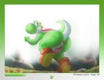  2016 4_fingers absurd_res anthro anus blue_eyes border clothing english_text footwear green_scales happy hi_res looking_back male mario_bros nintendo outside penis rear_view scales scalie shoes simple_background slit solo text ursofofinho video_games white_background yoshi 