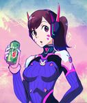  alternate_hairstyle animal_print bangs bodysuit breasts brown_eyes brown_hair bunny bunny_print can d.va_(overwatch) facial_mark headphones holding holding_can long_hair medium_breasts mountain_dew open_mouth overwatch pilot_suit ponytail product_placement qosic soda_can solo whisker_markings 