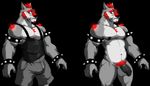  2016 anthro balls beard biceps big_muscles bulge canine clothed clothing cursedmarked dynewulf eyewear facial_hair flaccid fur glasses glowing hair humanoid_penis male mammal muscular muscular_male nipples nude pants pecs penis red_fur scared shirt solo spiked_bracelet sweat teeth video_games 