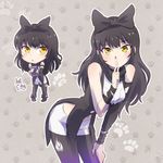  animal black_hair black_legwear blake_belladonna bow chibi chibi_inset dog eyeliner finger_to_mouth hair_bow highres iesupa leaning_forward long_hair makeup multiple_views navel pantyhose paw_print rwby rwby_chibi shushing triangle_mouth yellow_eyes zwei_(rwby) 