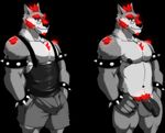  2016 anthro balls beard biceps big_muscles bulge canine clothed clothing cursedmarked dynewulf eyewear facial_hair flaccid fur glasses glowing hair humanoid_penis male mammal muscular muscular_male nipples nude pants pecs penis red_fur shirt smile solo spiked_bracelet video_games 