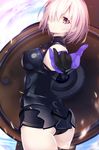  absurdres armor ass beckoning black_armor black_panties cowboy_shot fate/grand_order fate_(series) from_behind gloves hair_over_one_eye highres looking_back machimura_komori mash_kyrielight open_hand outstretched_arm panties purple_eyes purple_hair shield short_hair solo underwear 
