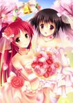  black_hair bouquet breasts bridal_veil bride cherry cherry_blossoms collarbone dress elbow_gloves flower food frilled_dress frills fruit gloves highres kousaka_tamaki large_breasts light_smile long_hair looking_at_viewer multiple_girls off_shoulder open_mouth outdoors red_eyes red_hair short_dress short_twintails small_breasts smile suzumia_(daydream) thighhighs to_heart_2 twintails veil wedding wedding_dress white_legwear yellow_eyes yuzuhara_konomi 