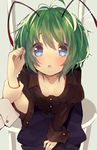  :o alternate_costume antennae arm_grab blue_eyes blush cuff_links flying_sweatdrops from_above green_hair highres long_sleeves looking_at_viewer open_mouth pants puffy_sleeves shirt short_hair sitting solo_focus touhou usamata wriggle_nightbug 