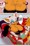  absurd_res anthro bat big_breasts blue_eyes blush bra breasts canine cleavage clothed clothing comic dialogue digital_media_(artwork) duo english_text female fox hair hi_res huge_breasts male mammal michiyoshi miles_prower orange_hair rouge_the_bat smile sonic_(series) sports_bra text underwear white_hair wings 