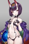  :d black_hair blush breasts eyebrows fangs fate/grand_order fate_(series) hands_on_own_chest horns inayama japanese_clothes kimono looking_at_viewer navel oni oni_horns open_mouth purple_eyes short_hair shuten_douji_(fate/grand_order) small_breasts smile solo tongue 