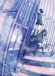  456 arm_support black_hair dutch_angle gun handgun light_particles loafers long_hair looking_at_viewer looking_back multiple_girls muted_color original pistol school_uniform shoes short_hair sitting stairs sword weapon 
