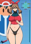  blue_eyes breasts brown_hair choker hair_ornament hair_ribbon hairband haruka_(pokemon) haruka_(pokemon)_(remake) highleg highleg_buruma highleg_panties hips large_breasts legs long_legs navel panties pokemon satoshi_(pokemon) shiny_cloths shiny_hair shiny_skin skin_tight sleeveless sleeveless_shirt spandex wslasher 