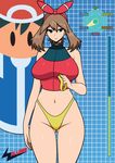  blue_eyes breasts brown_hair choker hair_ornament hair_ribbon hairband haruka_(pokemon) haruka_(pokemon)_(remake) highleg highleg_buruma highleg_panties hips large_breasts legs long_legs navel panties pokemon satoshi_(pokemon) shiny_cloths shiny_hair shiny_skin skin_tight sleeveless sleeveless_shirt spandex wslasher 