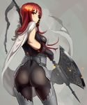  armor ass axe back battle_axe black_bodysuit black_gloves bodysuit cape cowboy_shot elbow_gloves gloves hair_tubes holding holding_weapon kazo latex long_hair looking_at_viewer looking_back original red_eyes red_hair shiny shiny_clothes smile solo thighhighs weapon 